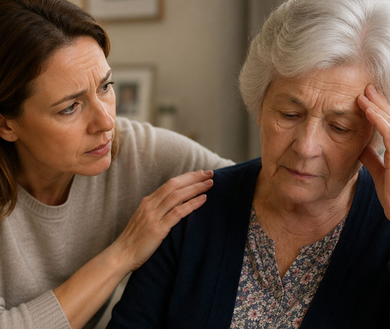 Family member noticing warning signs of elder neglect in a care facility