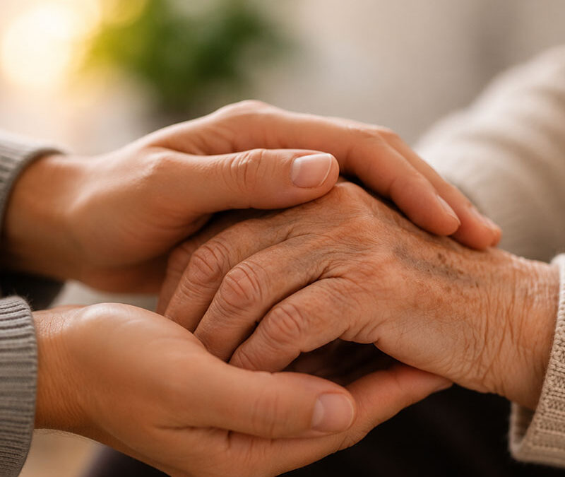 Family member gently holding an elderly loved one's hand in a show of support and protection